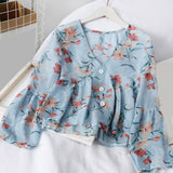 Korean Chiffon Floral Print Women's Blouse Sweet Petal Sleeve V-neck Ruffle Hem Top Female 2020 Spring Summer Sweet Lady Blouses