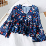 Korean Chiffon Floral Print Women's Blouse Sweet Petal Sleeve V-neck Ruffle Hem Top Female 2020 Spring Summer Sweet Lady Blouses