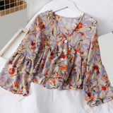 Korean Chiffon Floral Print Women's Blouse Sweet Petal Sleeve V-neck Ruffle Hem Top Female 2020 Spring Summer Sweet Lady Blouses