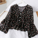Korean Chiffon Floral Print Women's Blouse Sweet Petal Sleeve V-neck Ruffle Hem Top Female 2020 Spring Summer Sweet Lady Blouses