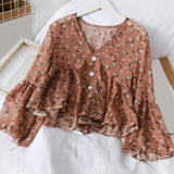 Korean Chiffon Floral Print Women's Blouse Sweet Petal Sleeve V-neck Ruffle Hem Top Female 2020 Spring Summer Sweet Lady Blouses