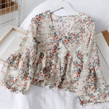 Korean Chiffon Floral Print Women's Blouse Sweet Petal Sleeve V-neck Ruffle Hem Top Female 2020 Spring Summer Sweet Lady Blouses