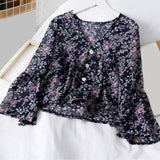 Korean Chiffon Floral Print Women's Blouse Sweet Petal Sleeve V-neck Ruffle Hem Top Female 2020 Spring Summer Sweet Lady Blouses