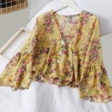Korean Chiffon Floral Print Women's Blouse Sweet Petal Sleeve V-neck Ruffle Hem Top Female 2020 Spring Summer Sweet Lady Blouses