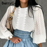 BerryGo Sexy lace woven white blouse Casual long lantern sleeve solid polka dot shirt Spring autumn womens tops and blouses