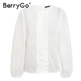 BerryGo Sexy lace woven white blouse Casual long lantern sleeve solid polka dot shirt Spring autumn womens tops and blouses