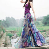 Fashion 2018 Summer Retro Luxury Printed Chiffon Women Skirt Maxi Long Female 50S Sashes Beach Skirt Elegant Boho Holidays New
