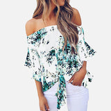 Off Shoulder Floral Print Women's Chiffon Shirt Top Slash Neck Bowtie 3/4 Sleeve Feminine Blouse Tops 2020 Summer Shirts Woman