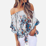 Off Shoulder Floral Print Women's Chiffon Shirt Top Slash Neck Bowtie 3/4 Sleeve Feminine Blouse Tops 2020 Summer Shirts Woman