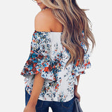 Off Shoulder Floral Print Women's Chiffon Shirt Top Slash Neck Bowtie 3/4 Sleeve Feminine Blouse Tops 2020 Summer Shirts Woman