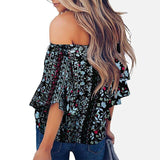 Off Shoulder Floral Print Women's Chiffon Shirt Top Slash Neck Bowtie 3/4 Sleeve Feminine Blouse Tops 2020 Summer Shirts Woman