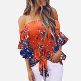 Off Shoulder Floral Print Women's Chiffon Shirt Top Slash Neck Bowtie 3/4 Sleeve Feminine Blouse Tops 2020 Summer Shirts Woman