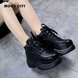 Women Platform Sneakers Leather Casual Ladies Chunky Shoes 2020 White Woman High Black Fashion Brand Thick soled Wedge Sneakers
