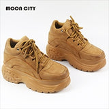 Women Platform Sneakers Leather Casual Ladies Chunky Shoes 2020 White Woman High Black Fashion Brand Thick soled Wedge Sneakers