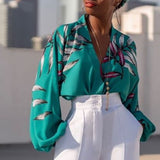 Women Green Printed Blouse V Neck Tops Shirt Long Lantern Sleeves Elegant Femme Summer Fashion Ladies Female Bluas Plus Size XXL