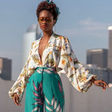 Women Green Printed Blouse V Neck Tops Shirt Long Lantern Sleeves Elegant Femme Summer Fashion Ladies Female Bluas Plus Size XXL