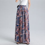 Plus size female bohemian printed wide-leg pants 2020 summer casual retro wide-leg pants elastic waist was thin draped trousers