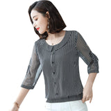 Women Spring Summer Style Chiffon Blouses Shirts Lady Casual Peter Pan Collar Half Sleeve Striped Printed Blusas Tops DF2961