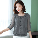 Women Spring Summer Style Chiffon Blouses Shirts Lady Casual Peter Pan Collar Half Sleeve Striped Printed Blusas Tops DF2961