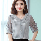 Women Spring Summer Style Chiffon Blouses Shirts Lady Casual Peter Pan Collar Half Sleeve Striped Printed Blusas Tops DF2961