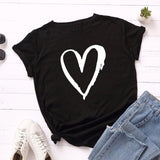 Summer Cotton Women T Shirt Heart Print S-5XL Plus Size Short Sleeve Graphic Tees Tops Casual Loose O-Neck Female TShirt