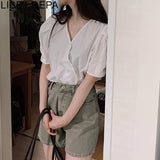 New 2020 Summer Women's Blouses Casual Fashionable V-Neck Single Breasted Puff Sleeve Vintage Asymmetrical Shirts Tops BL5351