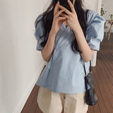 New 2020 Summer Women's Blouses Casual Fashionable V-Neck Single Breasted Puff Sleeve Vintage Asymmetrical Shirts Tops BL5351