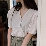 New 2020 Summer Women's Blouses Casual Fashionable V-Neck Single Breasted Puff Sleeve Vintage Asymmetrical Shirts Tops BL5351
