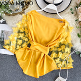 Autumn Spring 2020 New Slim Waist Lace Up Blouse O Neck Patchwork Mesh Flare Long Sleeve Appliques Blusas Elegant Shirt
