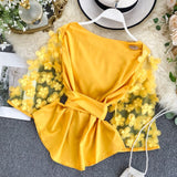 Autumn Spring 2020 New Slim Waist Lace Up Blouse O Neck Patchwork Mesh Flare Long Sleeve Appliques Blusas Elegant Shirt