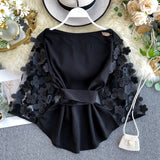 Autumn Spring 2020 New Slim Waist Lace Up Blouse O Neck Patchwork Mesh Flare Long Sleeve Appliques Blusas Elegant Shirt