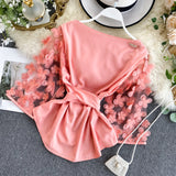Autumn Spring 2020 New Slim Waist Lace Up Blouse O Neck Patchwork Mesh Flare Long Sleeve Appliques Blusas Elegant Shirt