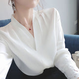 Women's Spring Summer Style Chiffon Blouses Shirt Women's Solid Color V-Neck Long Sleeve Casual Lace Patchwork Tops DD8638