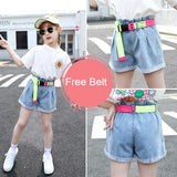 Fashion Girls High Waist Denim Shorts Belt Baby Girls Jeans Shorts Summer Kids Clothes for Teenagers 7 9 11 10 12 13 To 14 Years